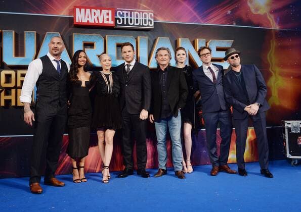 Dave Bautista, Zoe Saldana, Pom Lementieff, Chris Pratt, Kurt Russell, Karen Gillan, James Gunn and Michael Rooker attend the premiere of Guardians Of The Galaxy Vol.2 at Eventim Apollo in London on April 24, 2017.  LON20170424130 RUNExHELLESTAD