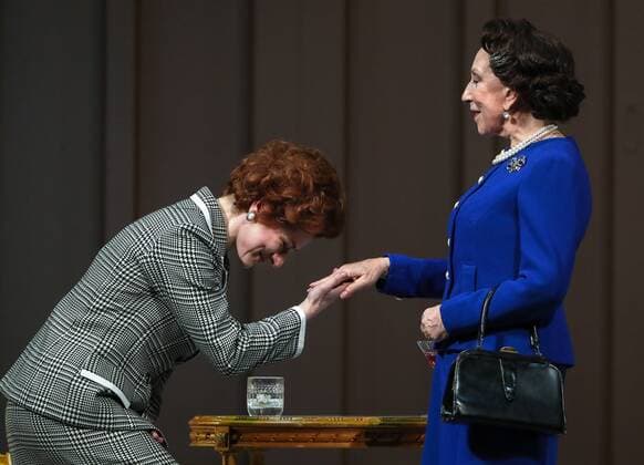 MOSCOW, RUSSIA - APRIL 24, 2017: Actresses Inna Churikova (R) as Queen Elizabeth II and Vera Voronkova as Margaret Thatcher in a scene during a pre-premiere of Peter Morgan s play The Audience staged by Gleb Panfilov at the Theatre of Nations. The play tells about Queen Elizabeth II s weekly meetings with prime ministers. Valery Sharifulin TASS  TS049781