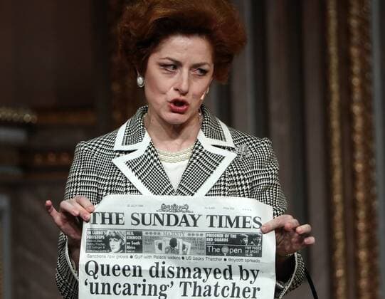 MOSCOW, RUSSIA - APRIL 24, 2017: Actress Vera Voronkova as Margaret Thatcher in a scene during a pre-premiere of Peter Morgan s play The Audience staged by Gleb Panfilov at the Theatre of Nations. The play tells about Queen Elizabeth II s weekly meetings with prime ministers. Valery Sharifulin TASS  TS049787