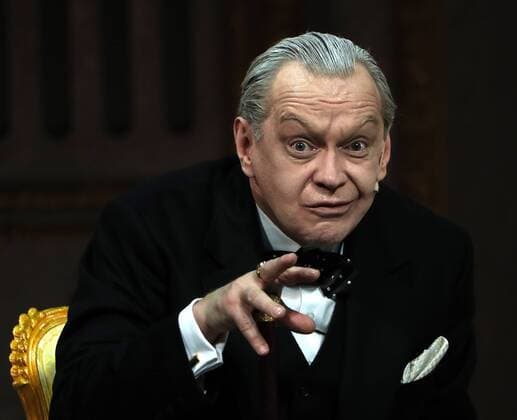 MOSCOW, RUSSIA - APRIL 24, 2017: Actor Mikhail Gorevoi as Winston Churchill in a scene during a pre-premiere of Peter Morgan s play The Audience staged by Gleb Panfilov at the Theatre of Nations. The play tells about Queen Elizabeth II s weekly meetings with prime ministers. Valery Sharifulin TASS  TS04978E