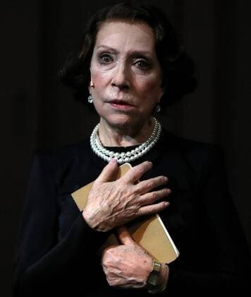 MOSCOW, RUSSIA - APRIL 24, 2017: Actress Inna Churikova as Queen Elizabeth II in a scene during a pre-premiere of Peter Morgan s play The Audience staged by Gleb Panfilov at the Theatre of Nations. The play tells about Queen Elizabeth II s weekly meetings with prime ministers. Valery Sharifulin TASS  TS049797
