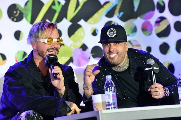 Colombian singer J. Balvin (L) and US-Dominican-Puerto Rican singer Nicky Jam take part at the Billboard Latin Muisc Awards Conference, at the Ritz Carlton Hotel in Miami, Florida, United States, 26 April 2017. Balvin assured that after Despacito by Luis Fonsi and Daddy Yankee there wil be more producitons that mix reggaeton and English pop. J BALVIN AND NICKY JAM SAY THAT THERE WILL BE MORE FUSION OF REGGAETON AND POP !ACHTUNG: NUR REDAKTIONELLE NUTZUNG!  Copyright: xGiorgioxVierax MIA001 20170427-636288573494986064