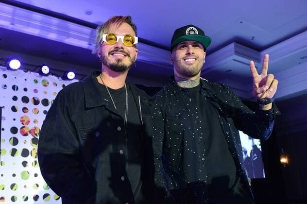 Colombian singer J. Balvin (L) and US-Dominican-Puerto Rican singer Nicky Jam take part at the Billboard Latin Muisc Awards Conference, at the Ritz Carlton Hotel in Miami, Florida, United States, 26 April 2017. Balvin assured that after Despacito by Luis Fonsi and Daddy Yankee there wil be more producitons that mix reggaeton and English pop. J BALVIN AND NICKY JAM SAY THAT THERE WILL BE MORE FUSION OF REGGAETON AND POP !ACHTUNG: NUR REDAKTIONELLE NUTZUNG!  Copyright: xGiorgioxVierax MIA001 20170427-636288573537417520