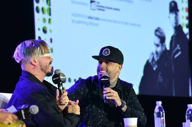 Colombian singer J. Balvin (L) and US-Dominican-Puerto Rican singer Nicky Jam take part at the Billboard Latin Muisc Awards Conference, at the Ritz Carlton Hotel in Miami, Florida, United States, 26 April 2017. Balvin assured that after Despacito by Luis Fonsi and Daddy Yankee there wil be more producitons that mix reggaeton and English pop. J BALVIN AND NICKY JAM SAY THAT THERE WILL BE MORE FUSION OF REGGAETON AND POP !ACHTUNG: NUR REDAKTIONELLE NUTZUNG!  Copyright: xGiorgioxVierax MIA001 20170427-636288574148929680