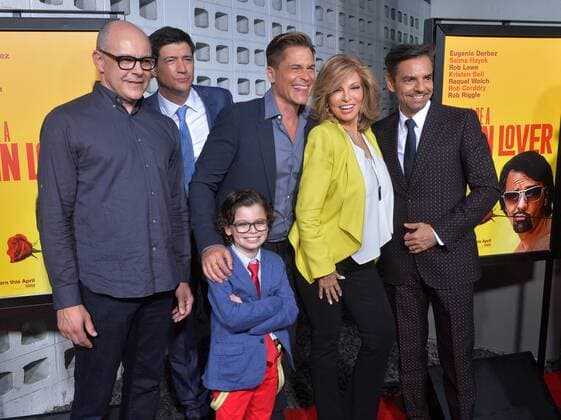 Cast members Rob Corddry, Rob Riggle, Raphael Alejandro, Rob Lowe, Raquel Welch and Eugenio Derbez (L-R) attend the premiere of the motion picture comedy How to Be a Latin Lover at the ArcLight Cinerama Dome in the Hollywood section of Los Angeles. Storyline: Finding himself dumped after 25 years of marriage, a man who made a career of seducing rich older women must move in with his estranged sister, where he begins to learn the value of family.  LAP20170426801 JIMxRUYMEN
