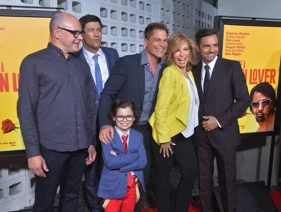 Cast members Rob Corddry, Rob Riggle, Raphael Alejandro, Rob Lowe, Raquel Welch and Eugenio Derbez (L-R) attend the premiere of the motion picture comedy How to Be a Latin Lover at the ArcLight Cinerama Dome in the Hollywood section of Los Angeles. Storyline: Finding himself dumped after 25 years of marriage, a man who made a career of seducing rich older women must move in with his estranged sister, where he begins to learn the value of family.  LAP20170426800 JIMxRUYMEN