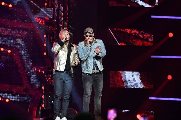 Latin artist J Balvin and Bad Bunny performs during the 2017 Billboard Latin Music Awards and Show at the Bank United Center, University of Miami, Miami, Florida on April 27, 2017.  MIA20170427221 GARYxIxROTHSTEIN