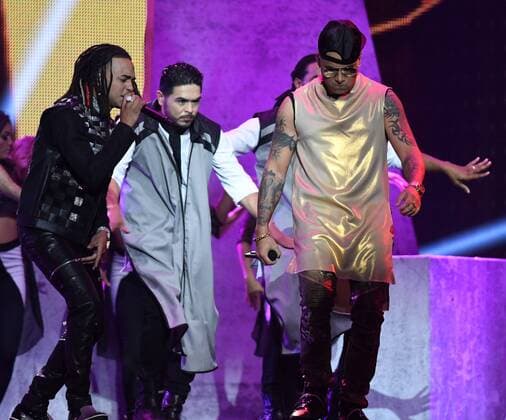 Latin artist Wisin (R) and Ozuna perform during the 2017 Billboard Latin Music Awards and Show at the Bank United Center, University of Miami, Miami, Florida on April 27, 2017.  MIA20170427260 GARYxIxROTHSTEIN