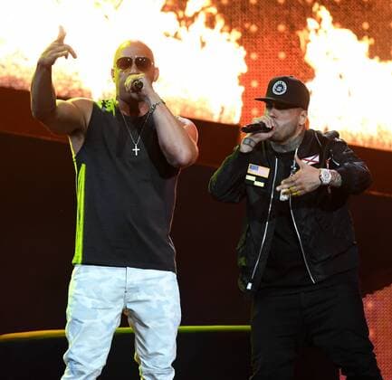 Latin artist Vin Diesel (L) and Nicky Jam perform during the 2017 Billboard Latin Music Awards and Show at the Bank United Center, University of Miami, Miami, Florida on April 27, 2017.  MIA201704272678 GARYxIxROTHSTEIN