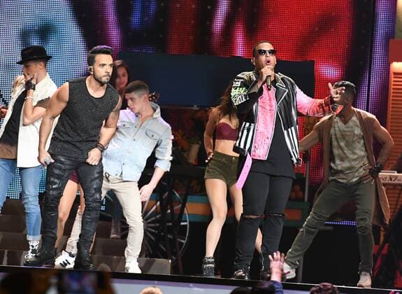 Latin artist Daddy Yankee (R) and Luis Fonsi perform during the 2017 Billboard Latin Music Awards and Show at the Bank United Center, University of Miami, Miami, Florida on April 27, 2017.  MIA201704272692 GARYxIxROTHSTEIN