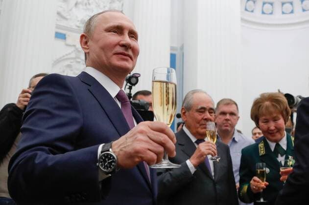 MOSCOW, RUSSIA - APRIL 28, 2017: Russia s President Vladimir Putin, Tatarstan State Counsellor and first President of the Republic of Tatarstan, Mintimer Shaimiev, forester Varvara Ustinova (L-R front) of the Khangalasskoye state forestry, Republic of Sakha (Yakutia), drink champagne after an award ceremony to present the Hero of Labour of the Russian Federation medals at Moscow s Kremlin. The Hero of Labour of the Russian Federation title is bestowed on Russian citizens for their contribution to Russia s society, economy, culture, education, industry, and agriculture. Mikhail Metzel TASS TS04A023