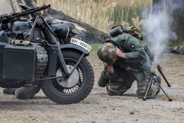 April 29, 2017 - Sofia, Bulgaria - Reenactment near Sofia, Bulgaria, on 29 April 2017 of the Battle of the Transdanubian Hills during the World War II, a defensive operation of the Bulgarian Army against German Wehrmacht forces who were trying to capture the north bank of the Drava river. Sofia Bulgaria  - ZUMAn230 20170429_zaa_n230_756 Copyright: xHristoxVladevx