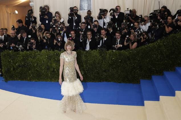 Vogue editor-in-chief Anna Wintour arrives on the red carpet at the Costume Institute Benefit at The Metropolitan Museum of Art celebrating the opening of Rei Kawakubo Comme des Garcons: Art of the In-Between in New York City on May 1, 2017.  NYP20170501104 JOHNxANGELILLO