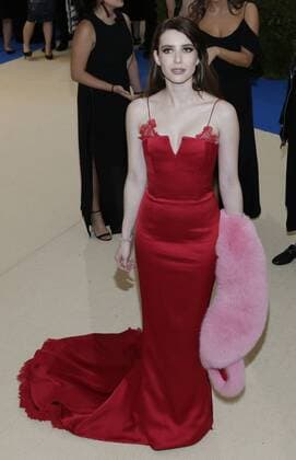 Emma Roberts arrives on the red carpet at the Costume Institute Benefit at The Metropolitan Museum of Art celebrating the opening of Rei Kawakubo Comme des Garcons: Art of the In-Between in New York City on May 1, 2017.  NYP20170501154 JOHNxANGELILLO