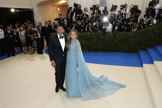 Alex Rodriguez and Jennifer Lopez arrive on the red carpet at the Costume Institute Benefit at The Metropolitan Museum of Art celebrating the opening of Rei Kawakubo Comme des Garcons: Art of the In-Between in New York City on May 1, 2017.  NYP20170501552 JOHNxANGELILLO