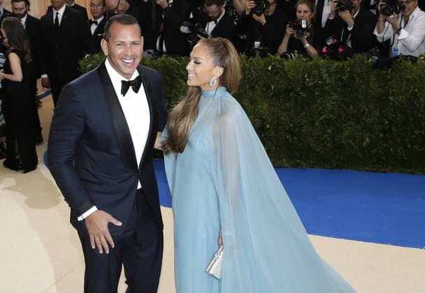 Alex Rodriguez and Jennifer Lopez arrive on the red carpet at the Costume Institute Benefit at The Metropolitan Museum of Art celebrating the opening of Rei Kawakubo Comme des Garcons: Art of the In-Between in New York City on May 1, 2017.  NYP20170501554 JOHNxANGELILLO