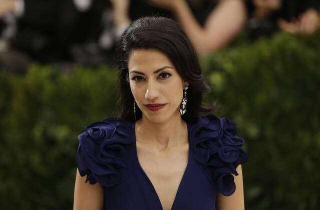 Huma Abedin arrives on the red carpet at the Costume Institute Benefit at The Metropolitan Museum of Art celebrating the opening of Rei Kawakubo Comme des Garcons: Art of the In-Between in New York City on May 1, 2017.  NYP20170501205 JOHNxANGELILLO