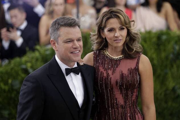 Luciana Barroso and Matt Damon arrive on the red carpet at the Costume Institute Benefit at The Metropolitan Museum of Art celebrating the opening of Rei Kawakubo Comme des Garcons: Art of the In-Between in New York City on May 1, 2017.  NYP20170501193 JOHNxANGELILLO