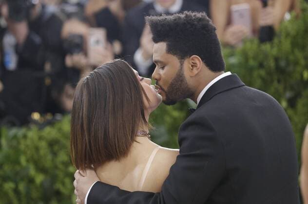 Selena Gomez and The Weeknd arrive on the red carpet at the Costume Institute Benefit at The Metropolitan Museum of Art celebrating the opening of Rei Kawakubo Comme des Garcons: Art of the In-Between in New York City on May 1, 2017.  NYP20170501635 JOHNxANGELILLO