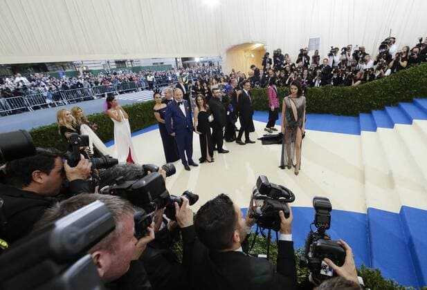 Kendall Jenner arrives on the red carpet at the Costume Institute Benefit at The Metropolitan Museum of Art celebrating the opening of Rei Kawakubo Comme des Garcons: Art of the In-Between in New York City on May 1, 2017.  NYP20170501582 JOHNxANGELILLO
