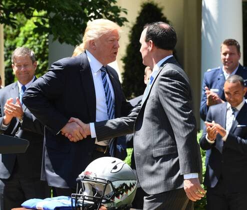 U.S. President Donald Trump shakes hands with the Air Force Academy football team coach Troy Calhoun after he awarded the Commander-In-Chief Trophy to the U.S. Air Force Academy during ceremony event in the Rose Garden of the White House in Washington, DC on May 2, 2017. The trophy is given annually to the winner of the Army, Navy and Air Force football rivalry.  WAP201705021005 PATxBENIC