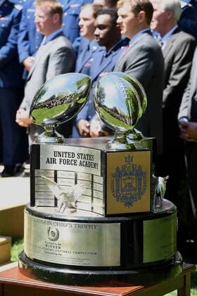 The Commander-In-Chief Trophy is shown as U.S. President Donald Trump speaks as he awards the trophy to the Air Force Academy football team during ceremony event in the Rose Garden of the White House in Washington, DC on May 2, 2017. The trophy is given annually to the winner of the Army, Navy and Air Force football rivalry.  WAP201705021014 PATxBENIC