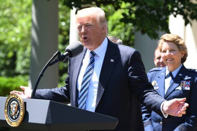 U.S. President Donald Trump speaks as he awards the Commander-In-Chief Trophy to the U.S. Air Force Academy during ceremony event in the Rose Garden of the White House in Washington, DC on May 2, 2017. The trophy is given annually to the winner of the Army, Navy and Air Force football rivalry.  WAP20170502109 PATxBENIC