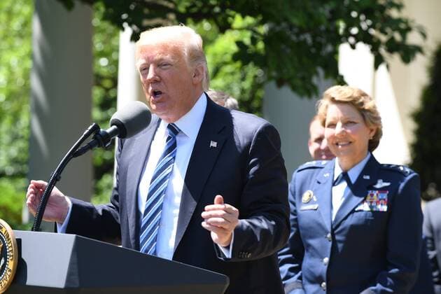 U.S. President Donald Trump speaks as he awards the Commander-In-Chief Trophy to the U.S. Air Force Academy during ceremony event in the Rose Garden of the White House in Washington, DC on May 2, 2017. The trophy is given annually to the winner of the Army, Navy and Air Force football rivalry.  WAP20170502110 PATxBENIC