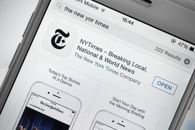 Hong Kong: The New York Times English digital logo A logo of The New York Times shows on the mobile phone on May 8, 2017. The New York Times is an American daily newspaper first published on September 18, 1851. They also expand their business in online and mobile market.  ChanxLongxHei