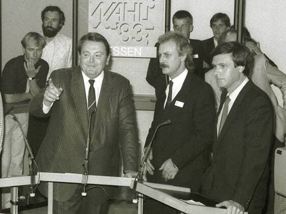 Landtagswahlen in Hessen . Holger Boerner, SPD (li) und Wolfgang Gerhardt, FDP, (RE). Wiesbaden , den 25.09.1983, Mainz Deutschland Copyright: xThomasxImox