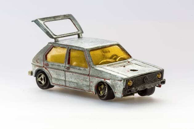 DEU; Deutschland, Stuttgart, 24.03.2017: Spielzeugauto, bespielt. Majorette VW Golf, silberfarben. Â
