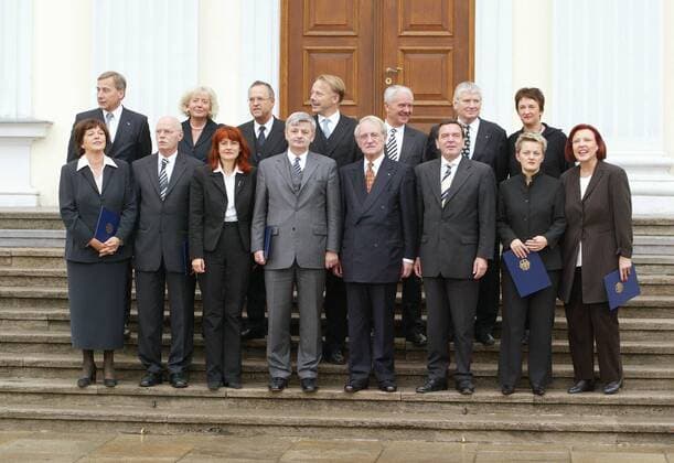 Familienfoto mit den Mitgliedern des neuen Bundeskabinetts nach ihrer Ernennung durch Bundespraesident Johannes Rau. Vorne v. l.: Ulla Schmidt (SPD, Gesundheit und Soziales), Peter Struck (SPD, Verteidigung), Edelgard Bulmahn (SPD, Forschung), Joschka Fischer (Gruene, Aeusseres), Bundespraesident Johannes Rau, Bundeskanzler Gerhard Schroeder, SPD, Renate Kuenast (Gruene, Verbraucherschutz), Heidemarie Wieczorek-Zeul (SPD, Entwicklungshilfe). Hinten v. l.: Wolfgang Clement (SPD, Wirtschaft und Arbeit), Renate Schmidt (SPD, Familie), Hans Eichel (SPD, Finanzen), Juergen Trittin (Gruene, Umwelt), Manfred Stolpe (SPD, Verkehr), Otto Schily (SPD, Inneres), Brigitte Zypries (SPD, Justiz). Kabinett, Gruppenbild, Bundesminister. Berlin, 22.10.2002, Berlin Deutschland Copyright: xThomasxKoehlerx