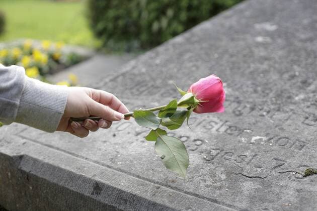 Frau mit einer Rose an einem Grabstein . Bonn , Deutschland . Woman with a rose on a gravestone . Bonn , Germany . 30.09.2008 , MODEL RELEASE vorhanden , MODEL RELEASED , Bonn DEU Deutschland Copyright: xUtexGrabowskyx