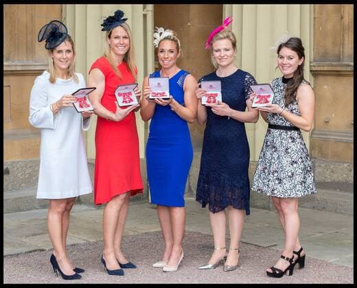 . 12 05 2017. London, United Kingdom. Investitures at Buckingham Palace. From Left: Georgina Twigg, Chay (Christa) Cullen, Susannah Townsend, Hollie Webb and Laura Unsworth, hockey players awarded MBEs by the Duke of Cambridge at the Investiture ceremony at Buckingham Palace.  xPetexMaclainex xi-Imagesx IIM-15106-0054