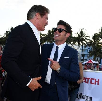 TV Cast member David Hasselhoff (L) and movie cast member Zac Efron attend the US premiere of the motion picture Baywatch in Lummus Park, Miami Beach, Florida, May 13, 2017. The movie is a remake of the TV series that ran from 1989-2001.  MIA20170513119 GARYxIxROTHSTEIN