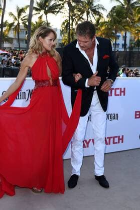 TV Cast member David Hasselhoff (R) and Hayley Roberts attend the US premiere of the motion picture Baywatch in Lummus Park, Miami Beach, Florida, May 13, 2017. The movie is a remake of the TV series that ran from 1989-2001.  MIA20170513132 GARYxIxROTHSTEIN