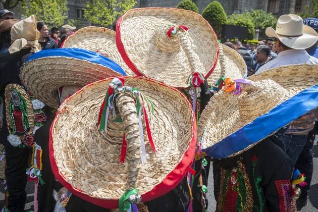 Cinco de Mayor Parade in Brooklyn in New York Folk dancers in the Cinco de Mayo Parade in the Sunset Park neighborhood in Brooklyn in New York on Sunday, May 14, 2017. The holiday commemorates a victory of Mexican forces led by General Ignacio Zaragoza Seguin over French forces in the Battle of Puebla on May 5, 1862. In the United States Mexican-Americans celebrate with parades and festivals as a show of ethnic pride. (  RichardxB.xLevine