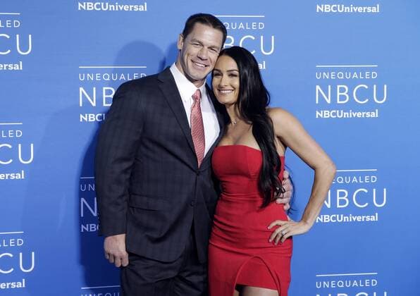 John Cena and Nikki Bella arrives on the red carpet at the 2017 NBCUniversal Upfront at Radio City Music Hall on May 15, 2017 in New York City.  NYP20170515126 JOHNxANGELILLO