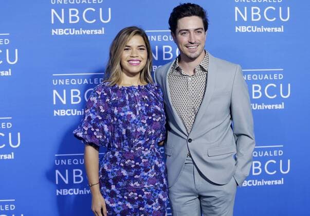 America Ferrera and Ben Feldman arrive on the red carpet at the 2017 NBCUniversal Upfront at Radio City Music Hall on May 15, 2017 in New York City.  NYP20170515139 JOHNxANGELILLO
