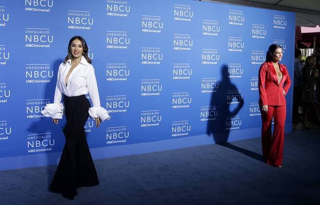 Catherine Siachoque and Gaby Espino arrive on the red carpet at the 2017 NBCUniversal Upfront at Radio City Music Hall on May 15, 2017 in New York City.  NYP20170515150 JOHNxANGELILLO