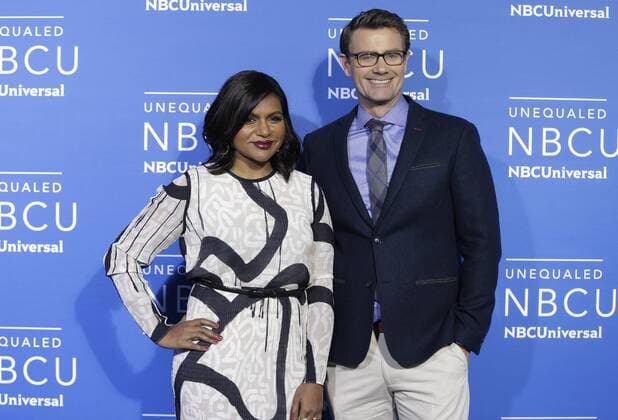 Mindy Kaling and Charlie Grandy arrives on the red carpet at the 2017 NBCUniversal Upfront at Radio City Music Hall on May 15, 2017 in New York City.  NYP20170515174 JOHNxANGELILLO