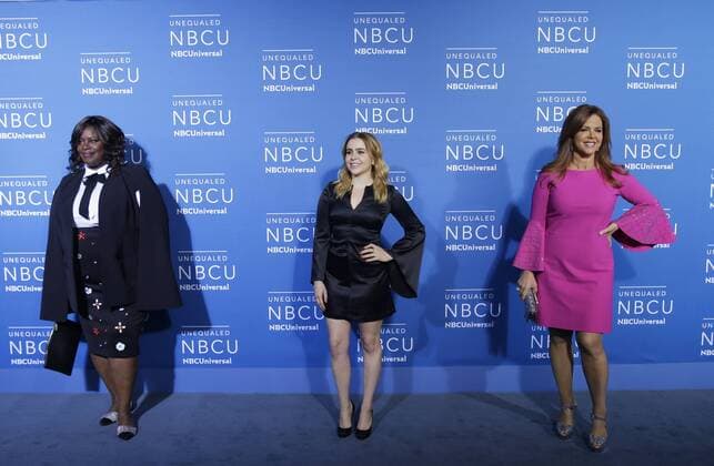Retta, Mae Whitman and Maria Celeste arrive on the red carpet at the 2017 NBCUniversal Upfront at Radio City Music Hall on May 15, 2017 in New York City.  NYP20170515182 JOHNxANGELILLO