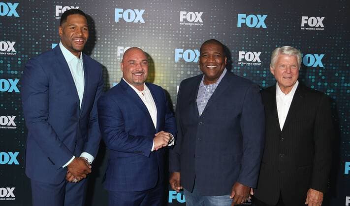 May 15, 2017 - New York, New York, U.S. - NFL broadcasters MICHAEL STRAHAN, JAY GLAZER, CURT MENEFEE and JIMMY JOHNSON attend the 2017 FOX Upfront held Wollman Rink in Central Park. New York U.S. - ZUMAk03_ 20170515_zaf_k03_046 Copyright: xNancyxKaszermanx