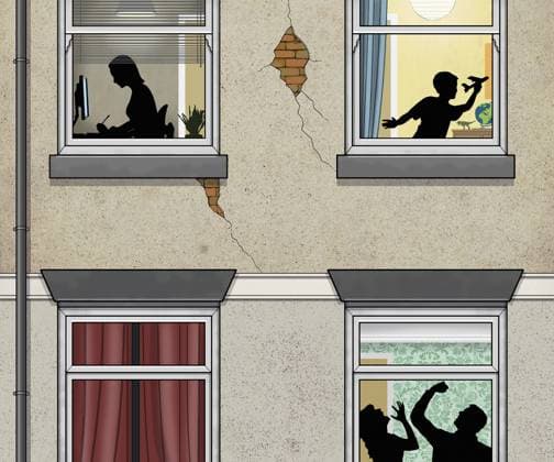 Mann schlägt Frau hinter Fensterscheibe mit Junge und Mädchen im oberen Stockwerk  Copyright: xDanxMitchellx 32560034