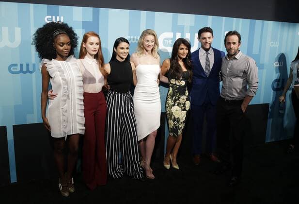 Ashleigh Murray, Madelaine Petsch, Camila Mendes, Lili Reinhart, Marisol Nichols and Luke Perry arrive on the red carpet at the 2017 CW Upfront at the London Hotel on May 18, 2017 in New York City.  NYP20170518130 JOHNxANGELILLO