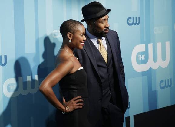 Cress Williams and Christine Adams arrive on the red carpet at the 2017 CW Upfront at the London Hotel on May 18, 2017 in New York City.  NYP20170518136 JOHNxANGELILLO