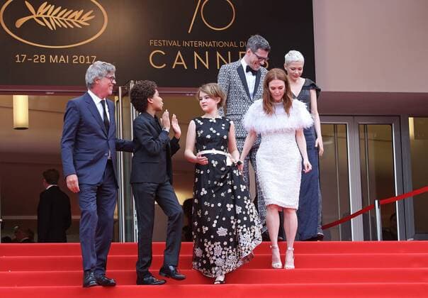 (From L to R) Todd Haynes, Jaden Michael, Millicent Simmonds, Julianne Moore, Brian Selznic and Michelle Williams exit the Palais des Festivals after the screening of the film Wonderstruck during the 70th annual Cannes International Film Festival in Cannes, France on May 18, 2017.  CAN20170518066 DAVIDxSILPA
