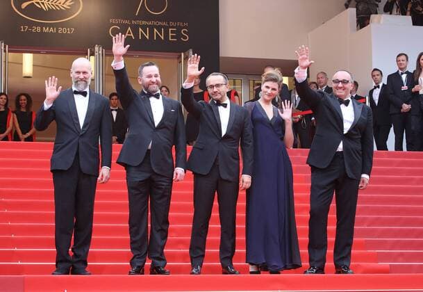 (From L to R) Mikhail Krichman, Alexey Rozin, Andrey Zvyagintsev, Maryana Spivak and Alexander Rodnyansky arrive on the red carpet before the screening of the film Loveless (Nelyubov) during the 70th annual Cannes International Film Festival in Cannes, France on May 18, 2017.  CAN20170518113 DAVIDxSILPA