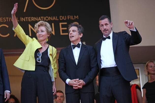 Emma Thompson (L), Ben Stiller (C) and Adam Sandler arrive on the red carpet before the screening of the film The Meyerowitz Stories (New and Selected) during the 70th annual Cannes International Film Festival in Cannes, France on May 21, 2017.  CAN20170521120 DAVIDxSILPA