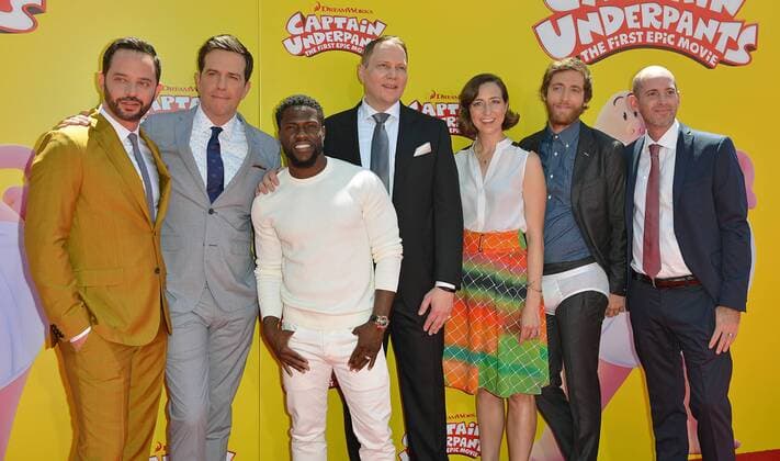 (L-R) Nick Kroll, Ed Helms, Kevin Hart, author Dav Pilkey, Kristen Schaal, Thomas Middleditch and director David Soren arrive at the premiere of Captain Underpants: The First Epic Movie at the Regency Village Theater in Los Angeles, California on May 21, 2017.  LAP2017052126 CHRISTINExCHEW